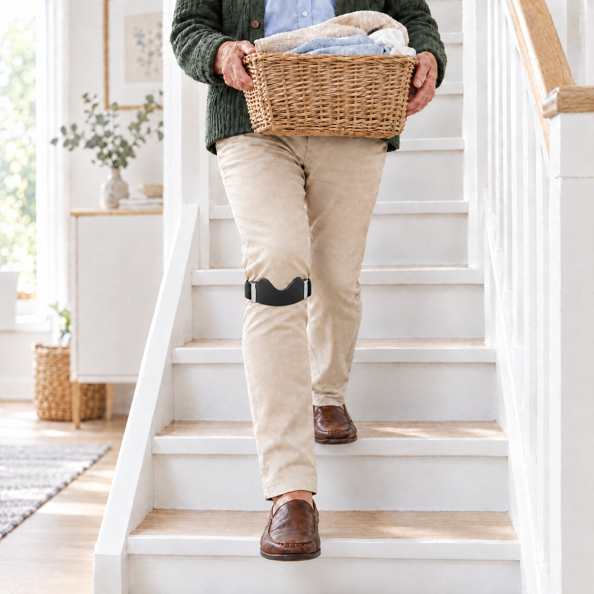 Mit dem Patellaband die Treppe hinunter, zu Hause