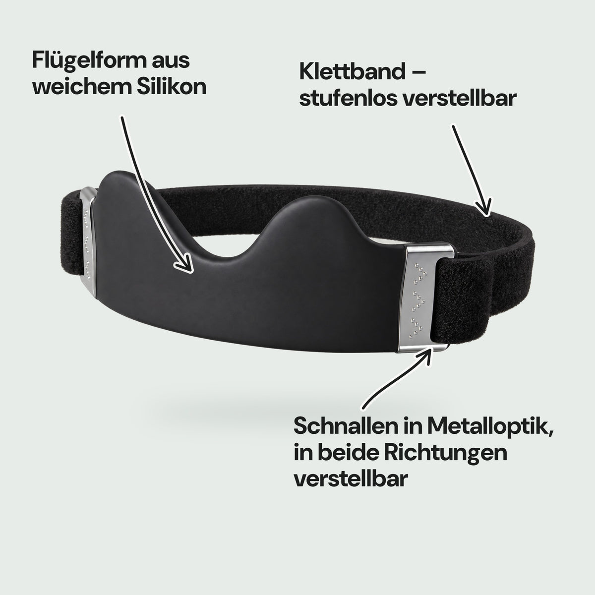 Patellaband von außen: Flügelform aus weichem Silikon, Klettband und Schnallen in Metalloptik