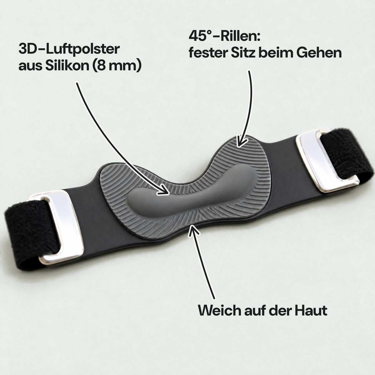 Patellaband von innen: 3D-Luftpolster aus Silikon mit 45°-Rillen