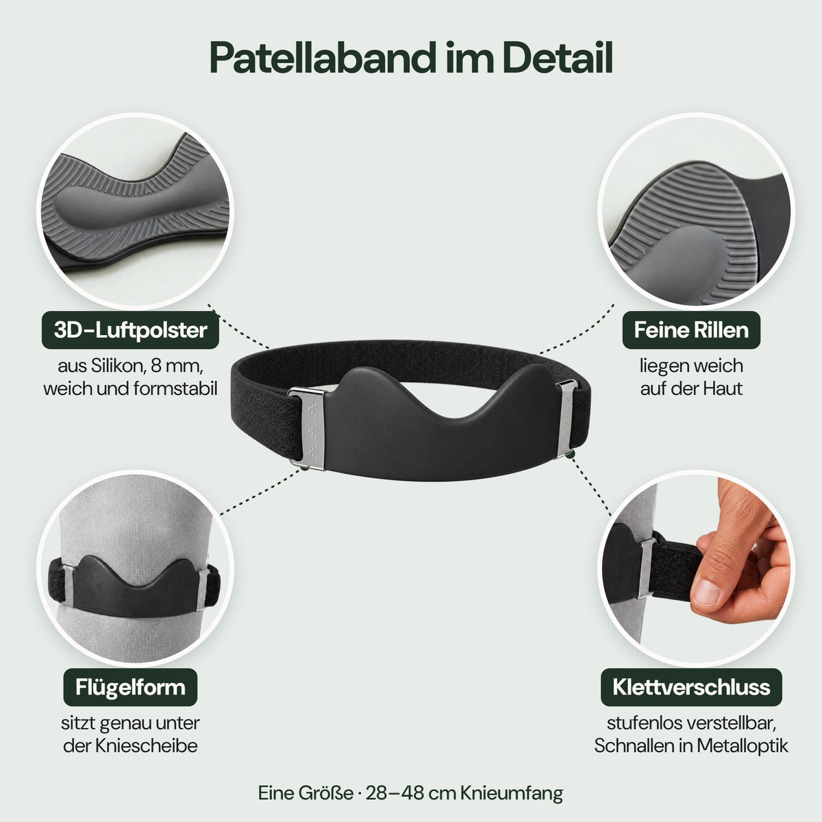 Patellaband im Detail: Luftpolster, feine Rillen, Flügelform und Klettverschluss