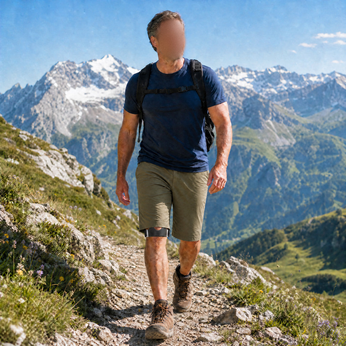 Wandern in den Bergen mit Patellaband unter dem Knie