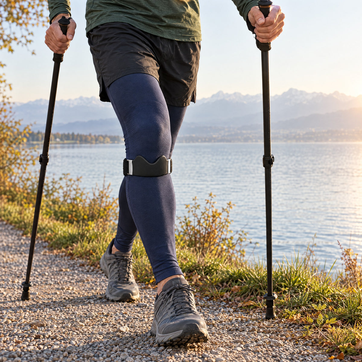 Nordic Walking am See mit Patellaband unter dem Knie