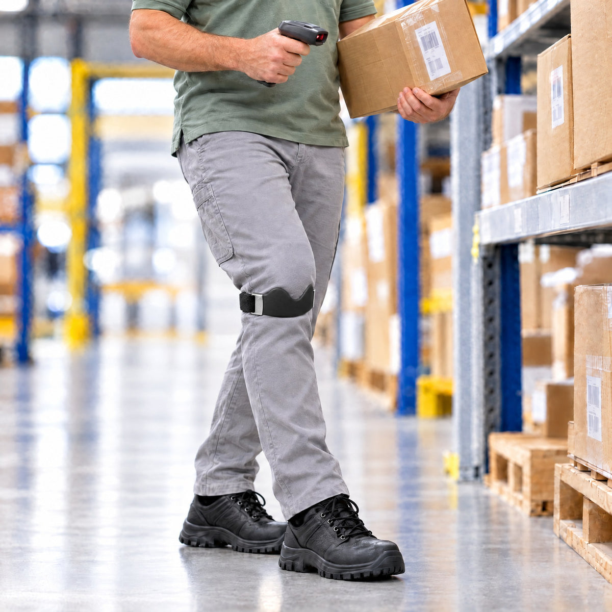 Arbeit im Lager mit Patellaband unter dem Knie