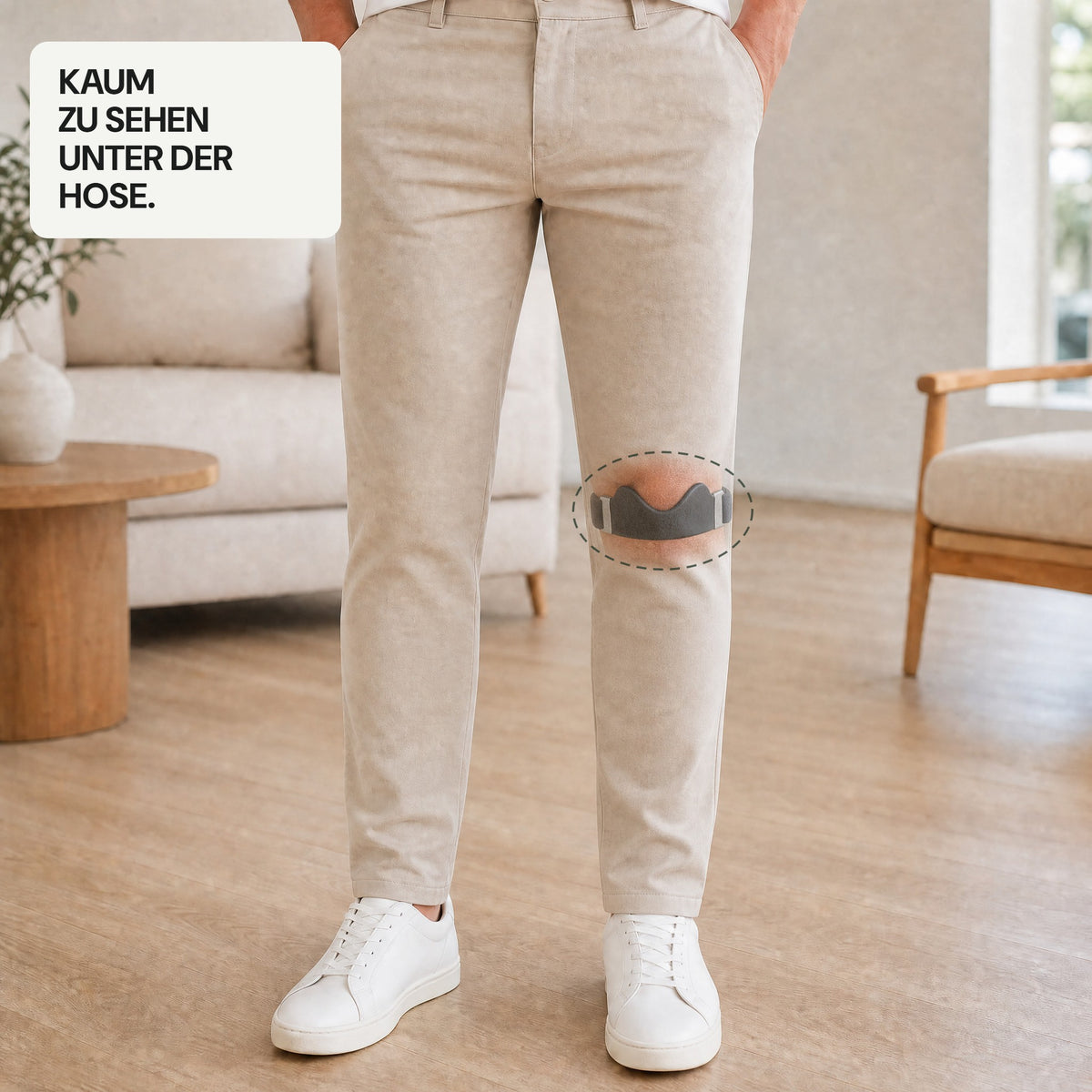 Kaum zu sehen unter der Hose: das Patellaband unter einer Stoffhose